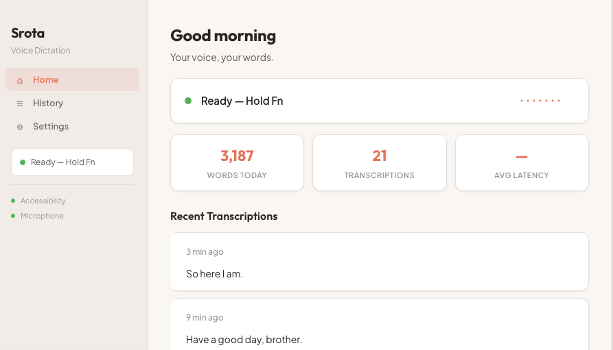 Srota dashboard showing 3,187 words today, 21 transcriptions, and recent transcription history